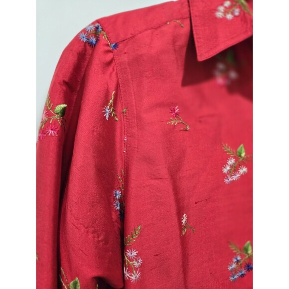 Vtg Neiman Marcus Top Women Red Button Up Shirt Silk Floral Embroidered Small - Picture 3 of 9